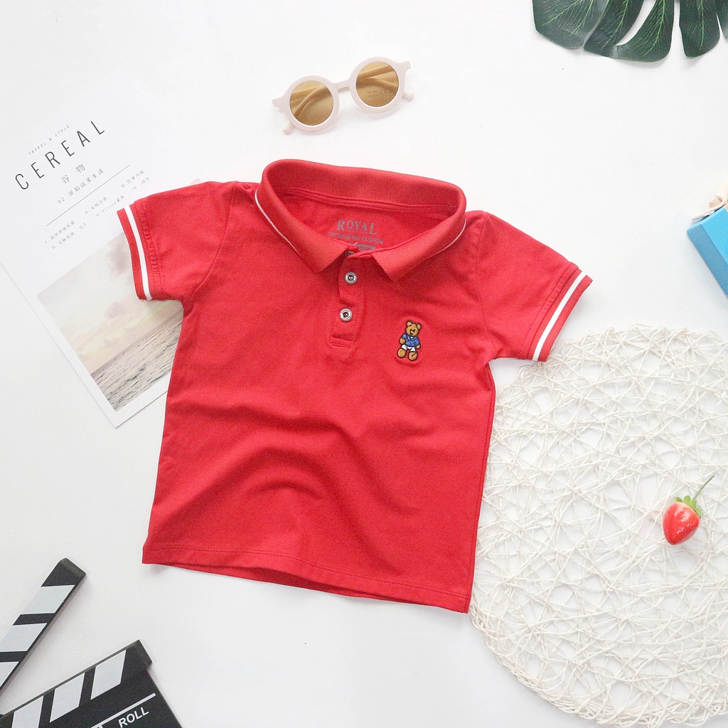 Áo Polo cho bé, áo bé trai có cổ chất cotton 4 chiều thêu hình gấu