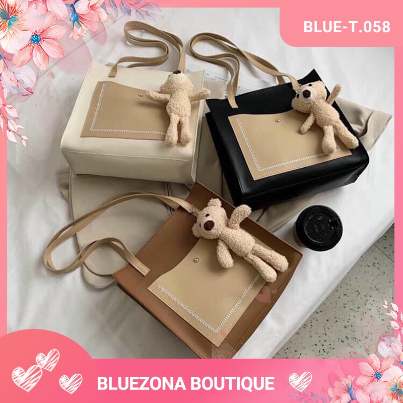 Túi tote da mềm đi làm việc, Túi văn phòng phong cách Korea tặng kèm móc treo gấu size 32 BLUE-T.058