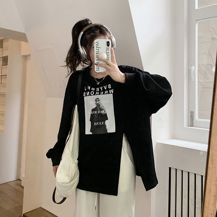 Áo Thun Tay Dài Dáng Rộng Cỡ Lớn Xẻ Tà Thời Trang Xuân Thu 2022 Mới