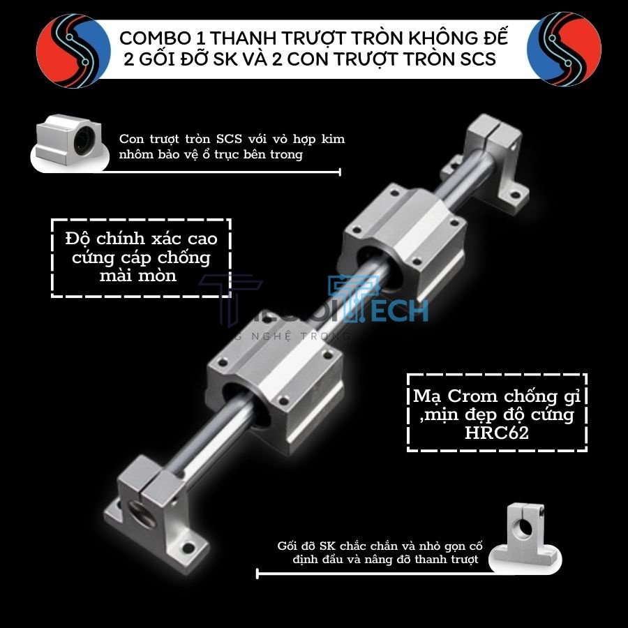 Combo Ray Trượt không đế phi 12 dài 500mm và 2 con trượt SCS12UU, 2 gối đỡ SK12
