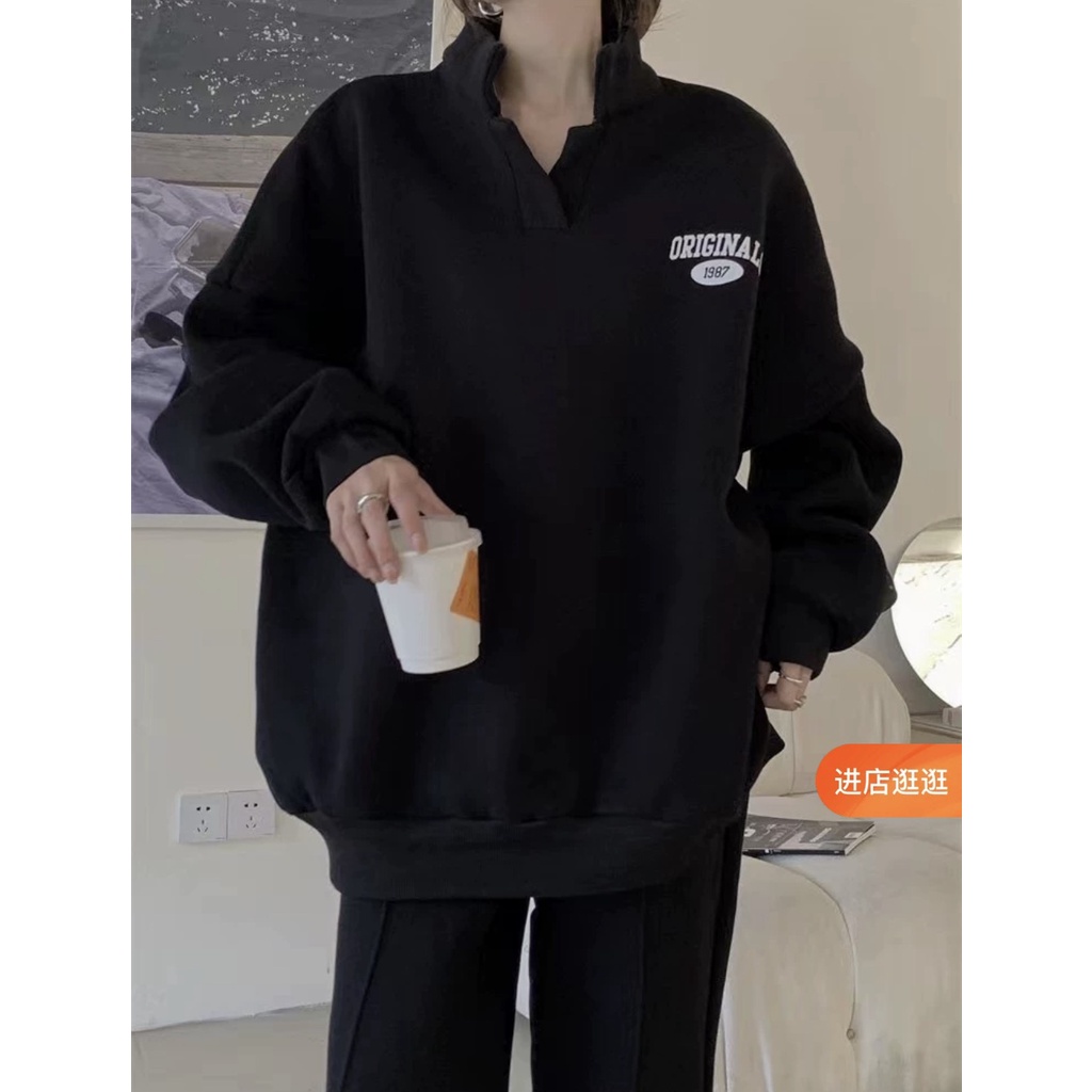 Áo Sweater cổ bẻ dáng rộng quần nỉ cạp chun bo chun Set đồ thể thao nỉ mùa đông