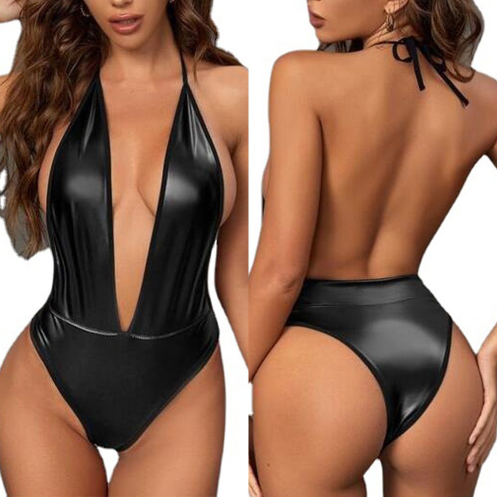 Bộ Áo liền quần Da PU Cổ Chữ V Gợi Cảm Cho Nữ