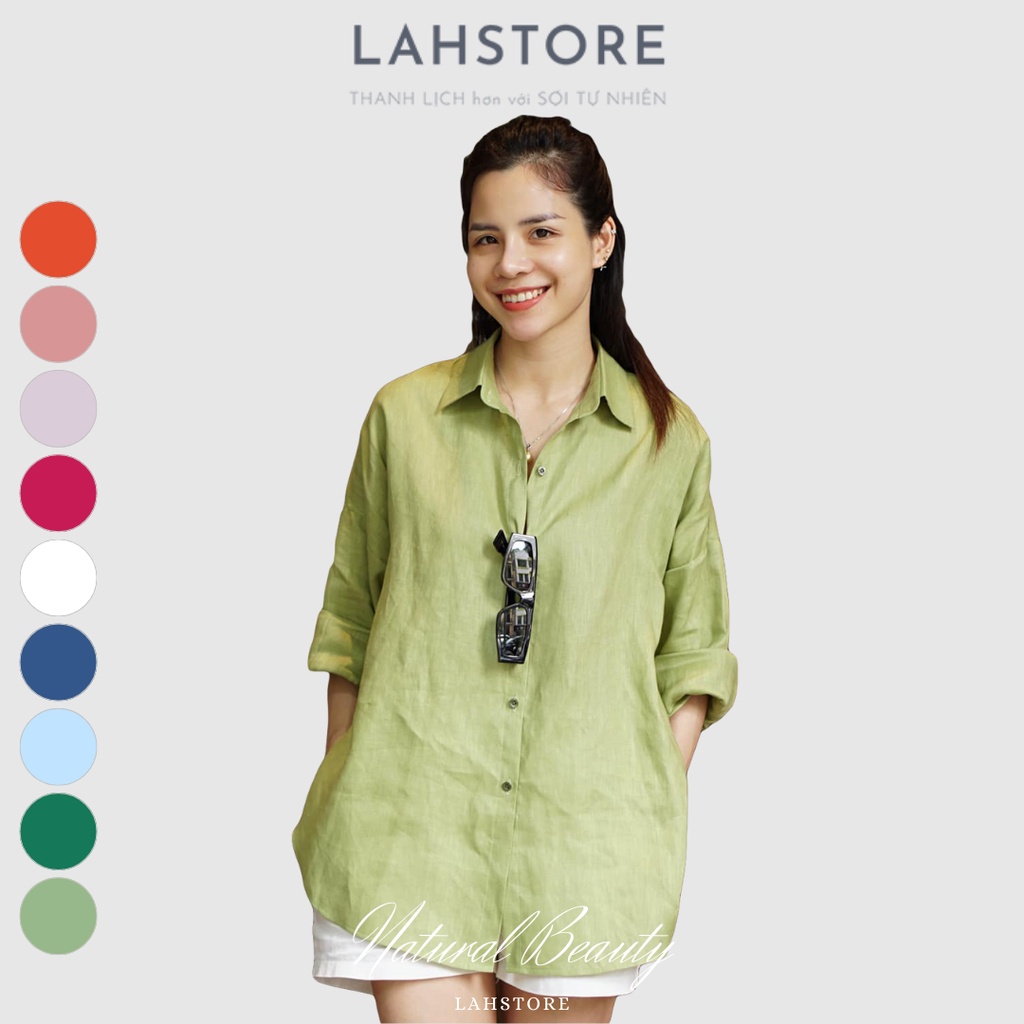 Áo sơ mi nữ tay dài form rộng LAHSTORE vải linen thô trễ vai (Xanh Cốm)