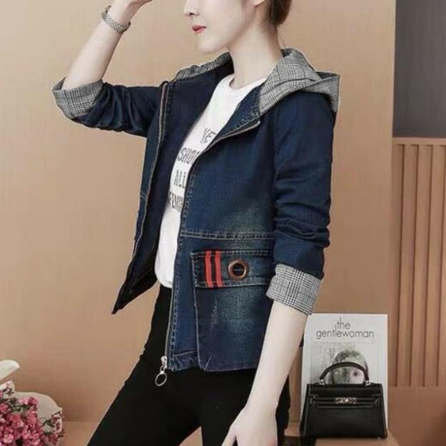 Áo khoác jean nữ có mũ kẻ caro, áo bò nữ có nón -1011