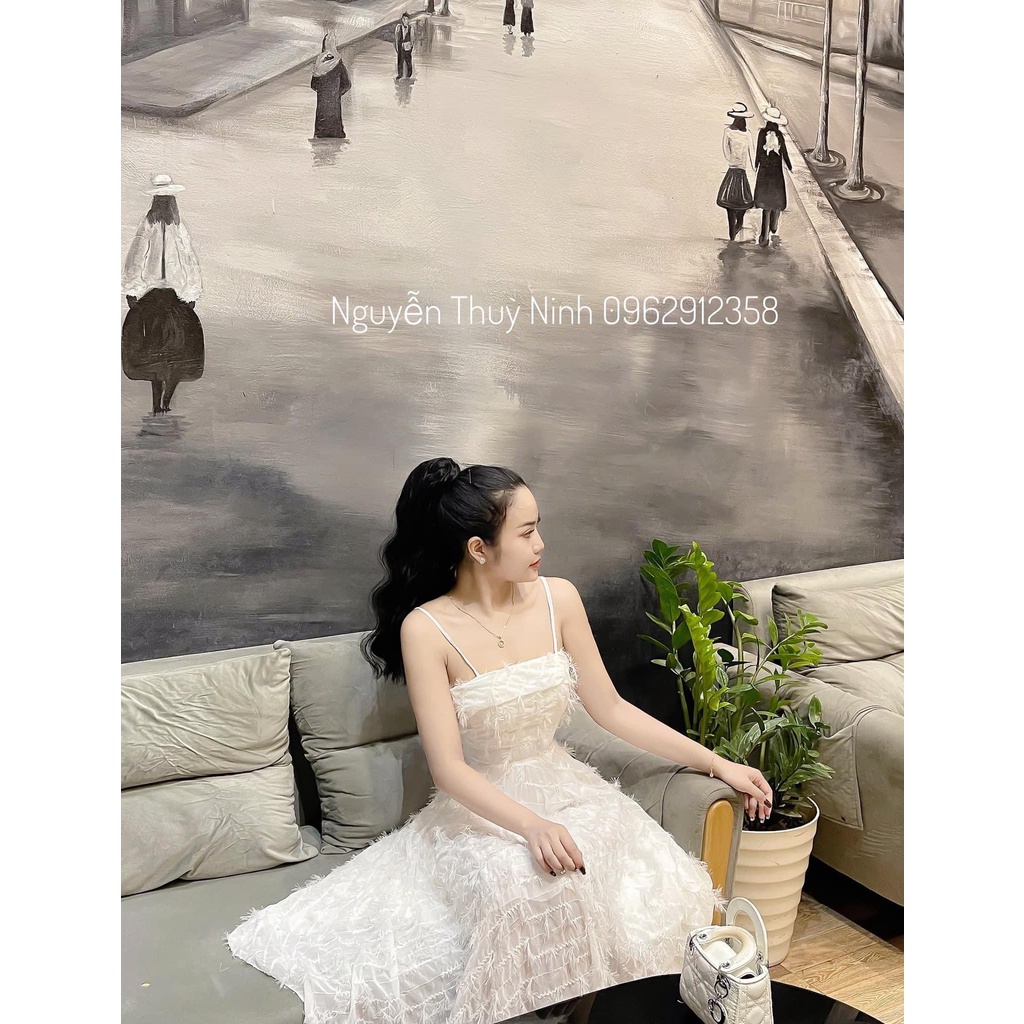 Đầm lông vũ Hot Girl 2 Dây Dự Tiệc Thiết Kế, Đầm Tiểu Thư Sang Chảnh Cao Cấp Dáng Dài