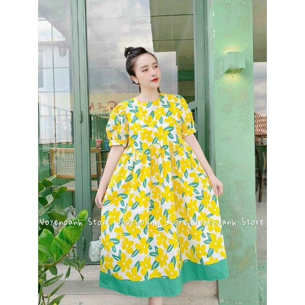 Đầm hoa baby doll cổ tròn phối chân xanh bầu bí bon chen