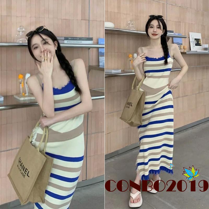 Đầm Dài Không Tay Họa Tiết Sọc Thời Trang Dành Cho Nữ