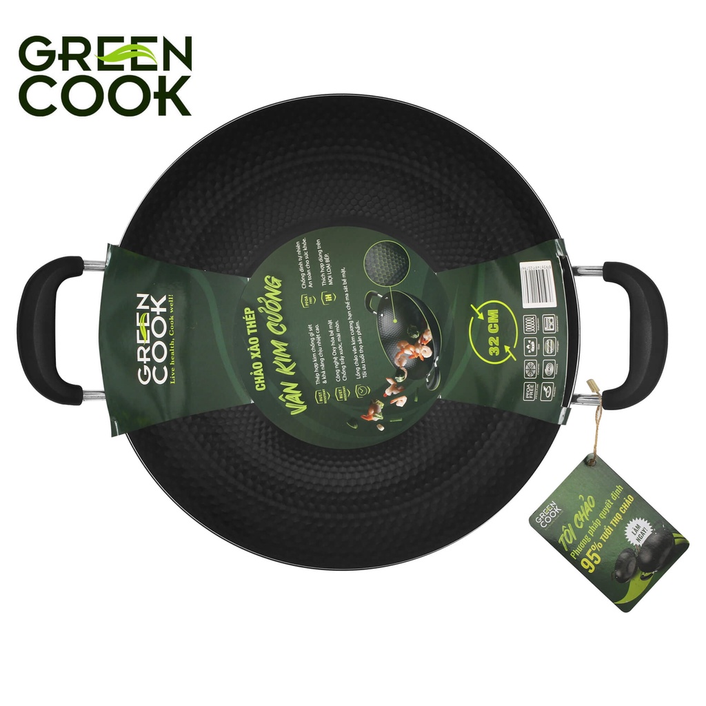 Chảo xào thép sâu lòng vân kim cương Green Cook GCW02 chống dính tự nhiên dùng được trên tất cả các loại