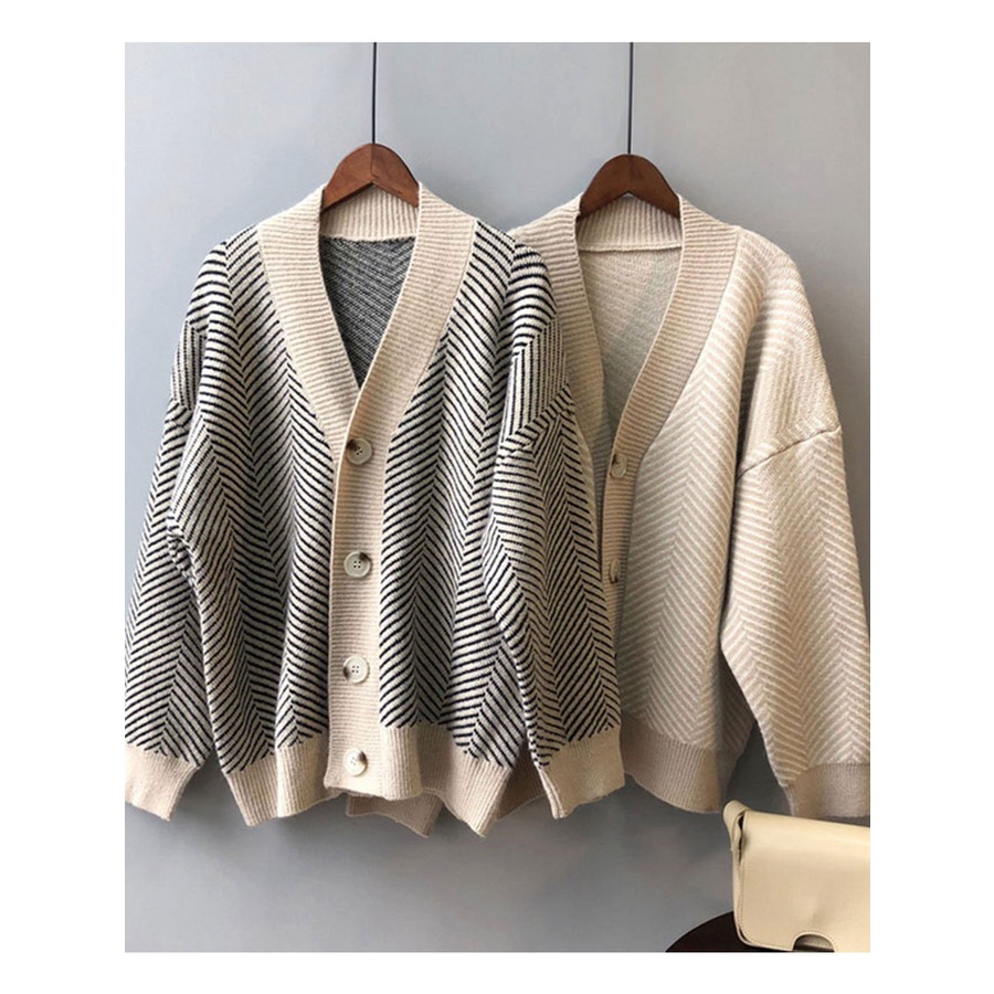 Áo Khoác Cardigan Len Dáng Rộng Họa Tiết Xương Cá - Hàng Quảng Châu