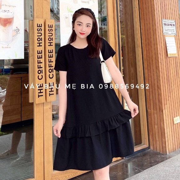 Váy bầu bigsize - Đầm bầu thiết kế GuMe 2 màu xan, đen dáng suông bèo tầng chất vải chéo hàn size từ 40-100kg MB234