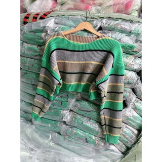 Áo len kẻ sọc dáng croptop phối màu tay dài hàng QC! (hàng sẵn)