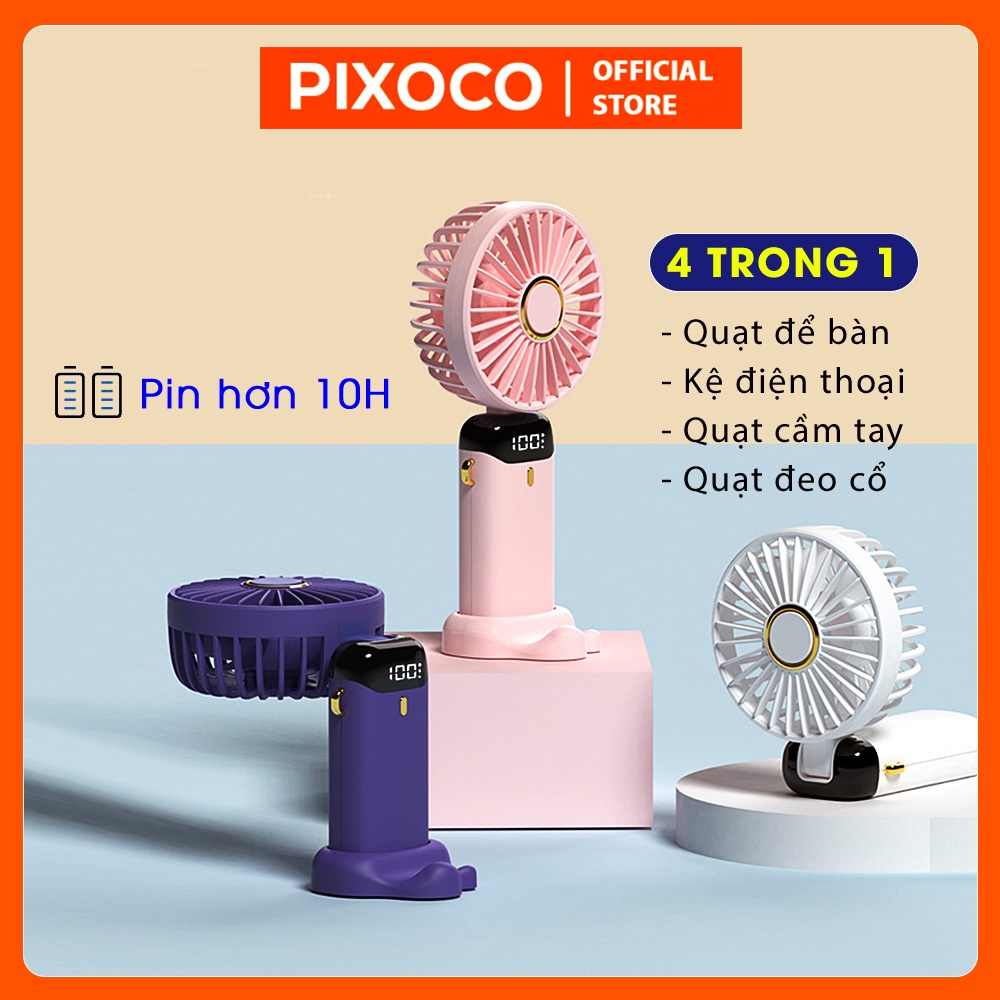 Quạt mini để bàn kiêm giá đỡ điện thoại gió mát 5 cấp độ, quạt cầm tay pin lâu 5000mAh màn hình led