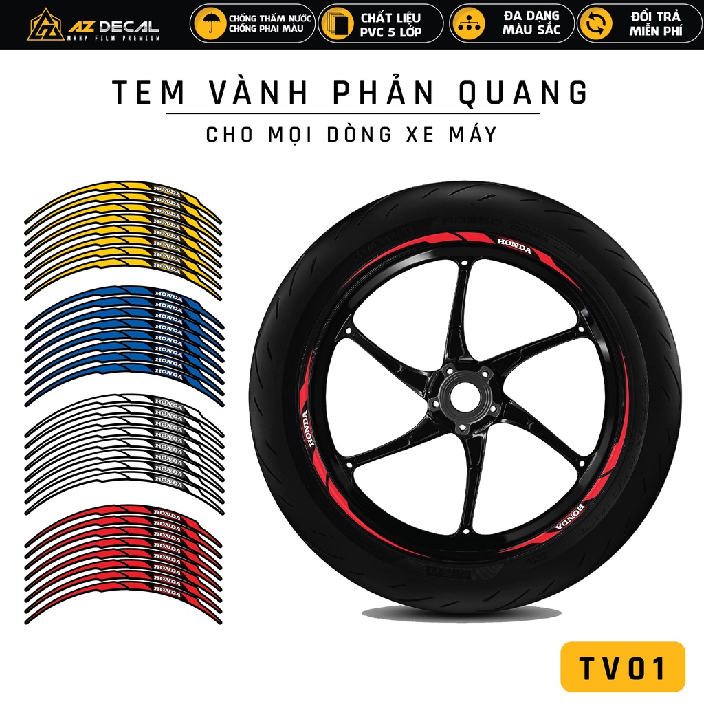 Tem Dán Vành Phản Quang |  Full 2 Vành Cho Xe Honda |  TV01 |  Chất Liệu Chống Nước, Bền Màu, Dễ Sử Dụng