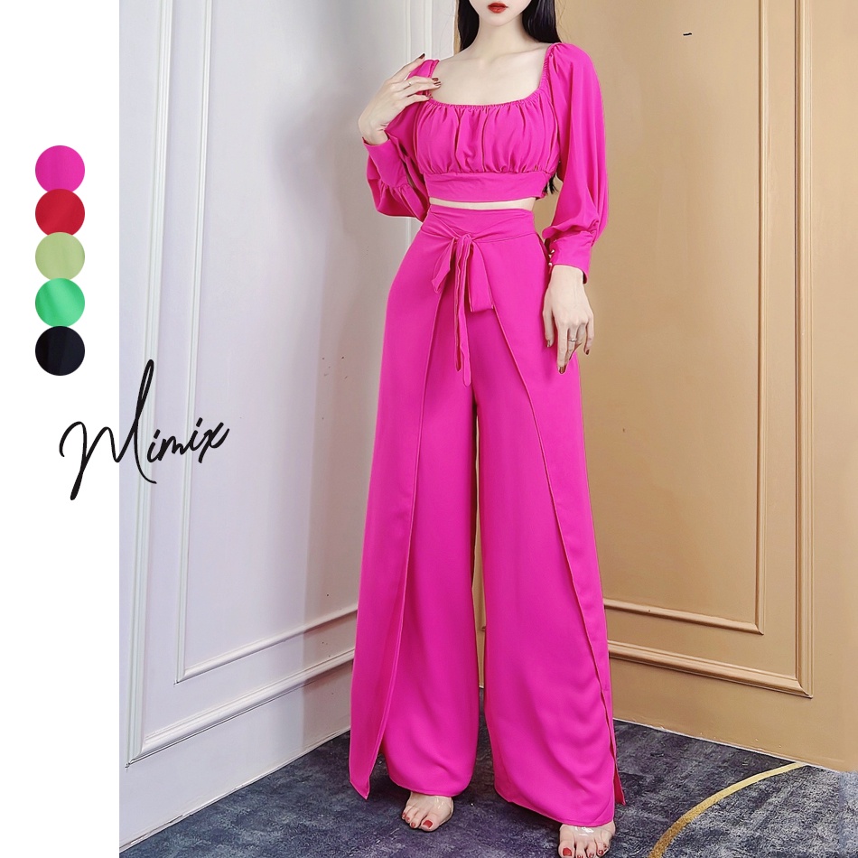 Set áo croptop tay dài phối xếp ly ngực và quần dài xẻ tà MIMIX CC5185