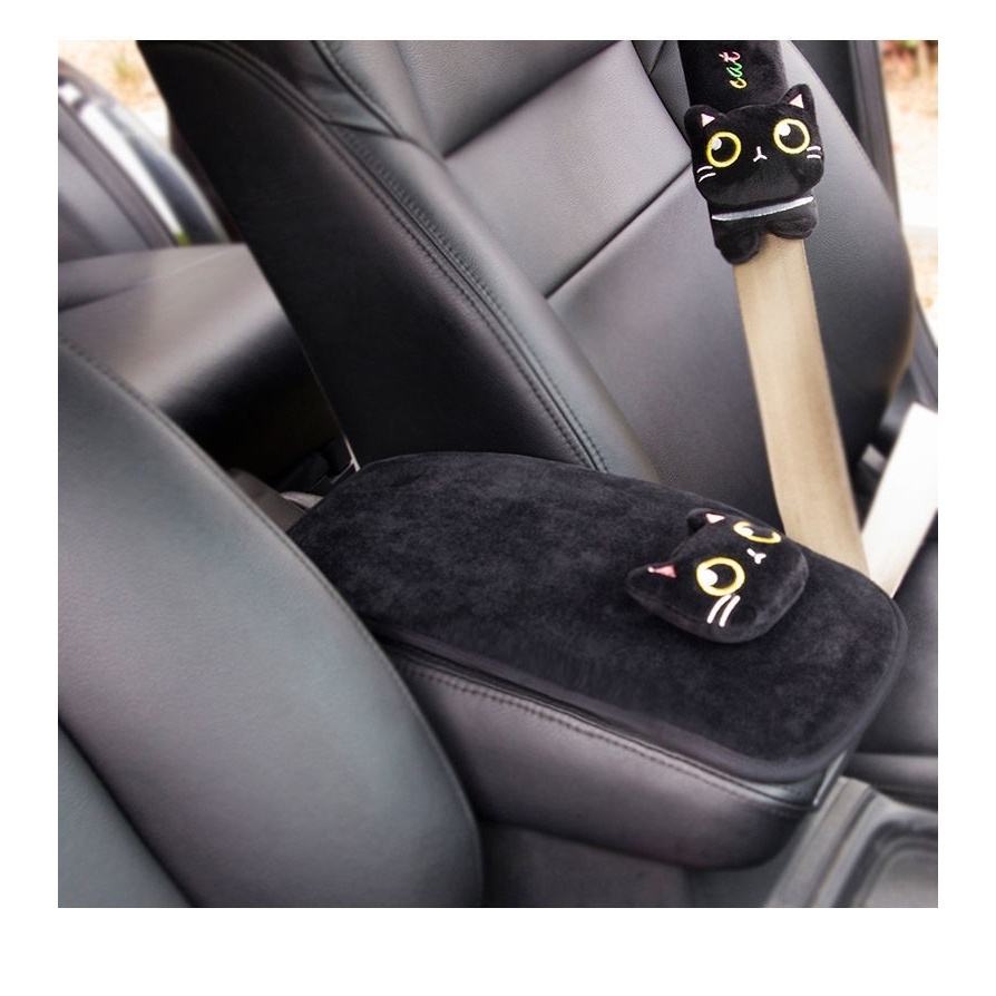 Gối Tựa Lưng Xe Ô Tô Mèo Đen Nhồi Bông Kèm Đệm Lót Tỳ Tay