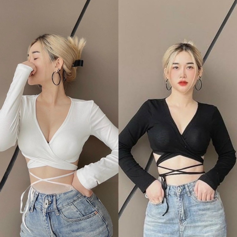 Áo thun Tay Dài Đan Eo Croptop Đắp Chéo Cúp Mút