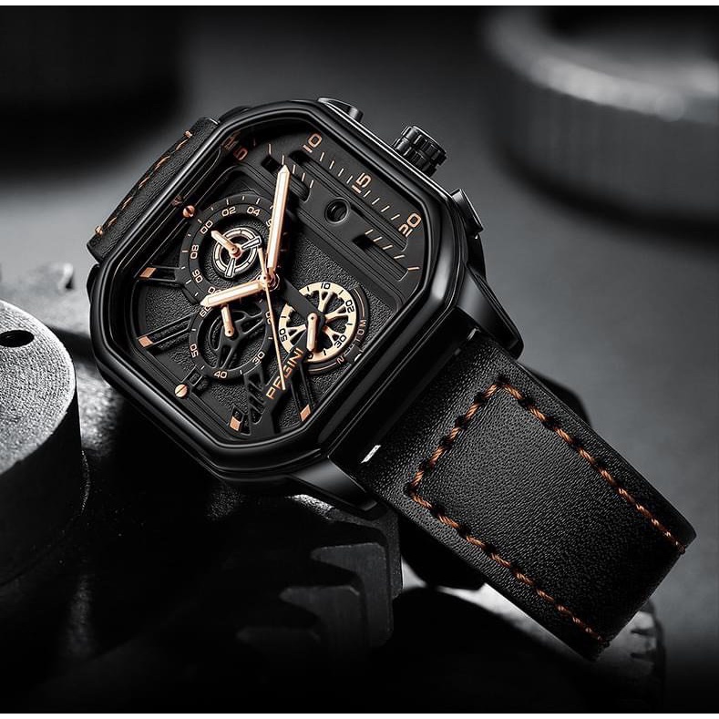 Đồng Hồ Nam Pagini Mặt Vuông Dây Da Hàng FulBox - Thiết Kế Độc Đáo - Bảo Hành 12 Tháng