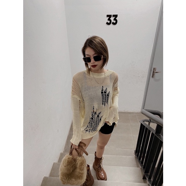 Áo Len Rách Hot Trend 2022 Áo Lưới Thu Đông Cá Tính