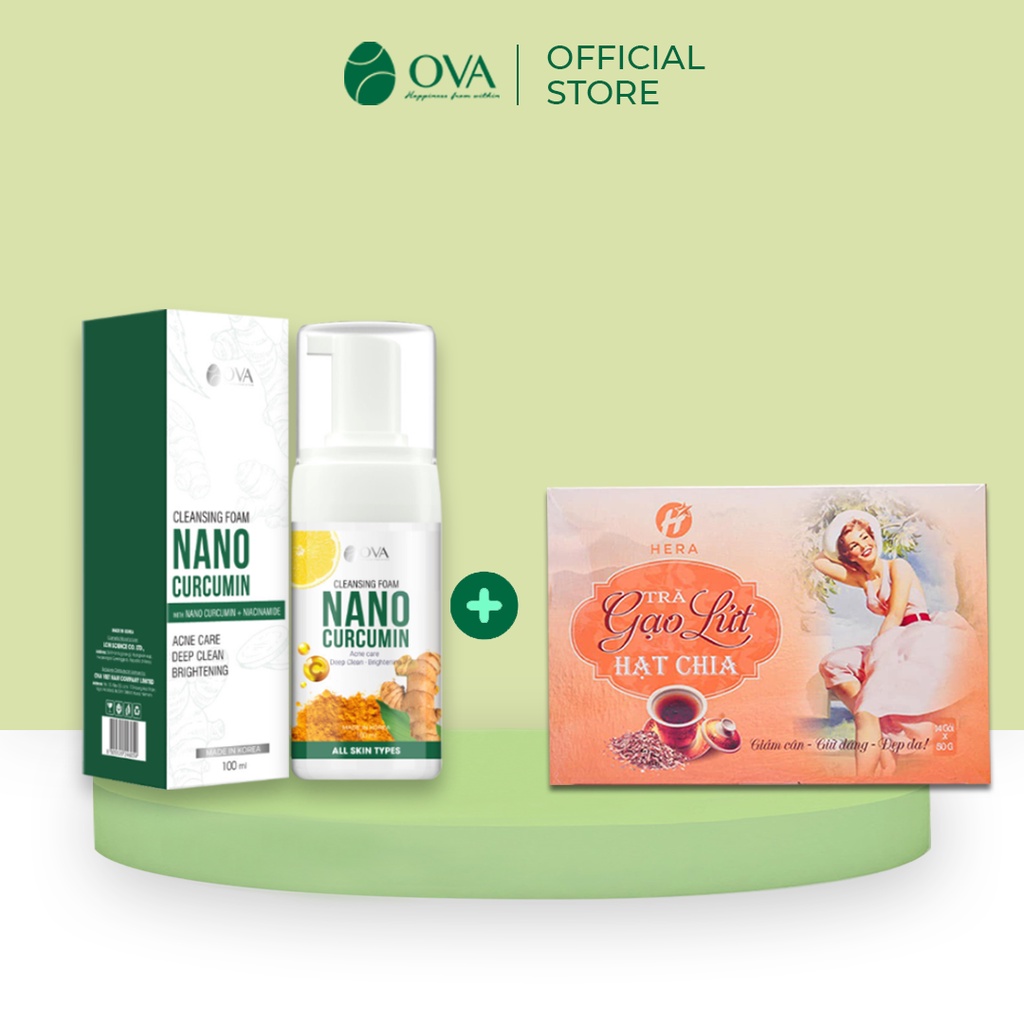 Combo Trà gạo lứt hạt chia Hera giảm cân hiệu quả và Sữa rửa mặt Nano Curcumin Ova giảm mụn sạch sâu trắng sáng