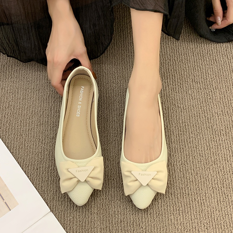 Giày Búp Bê Da Mũi Nhọn Đính Nơ Thời Trang Cho Nữ