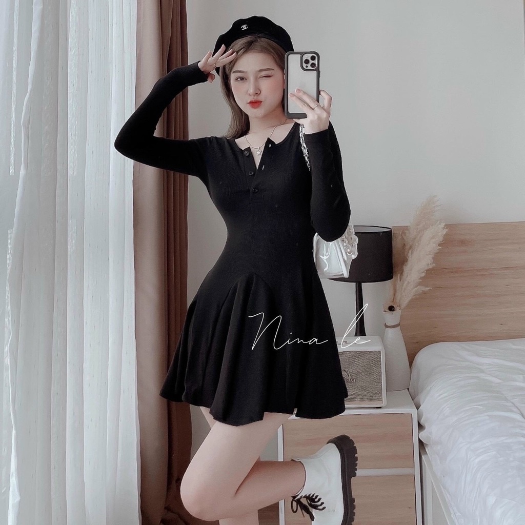 [11.11 Sale Freeship] Đầm thời trang nữ,đầm chất thun gân cổ vuông cài khuy tay dài ôm eo dáng ngắn xếp ly xiêu xinh dx