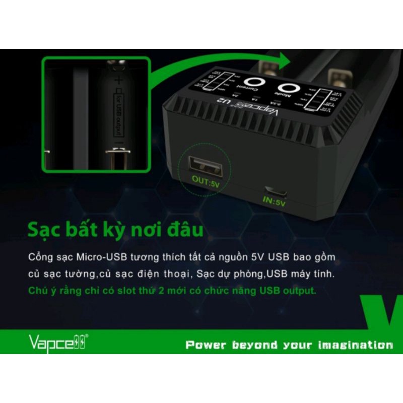 Sạc pin Vapcell U2, sạc được pin Ni-MH, Ni-CD, Li-ion 18650,21700,26650