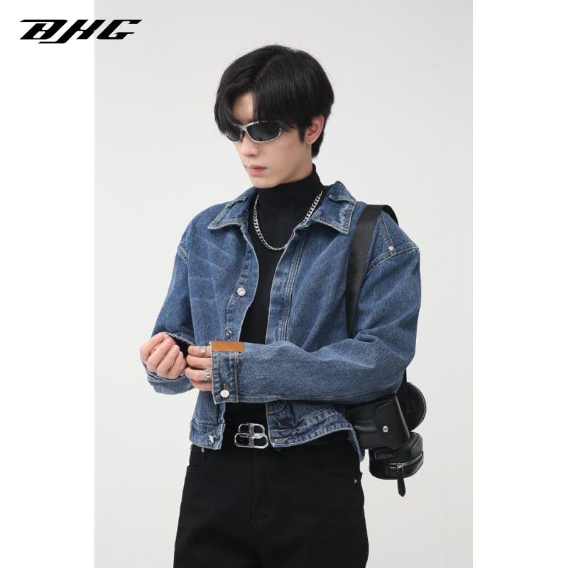 Áo khoác denim BJHG WAVW dáng ngắn rộng có đệm vai tháo rời được phong cách retro thời trang dành cho nam