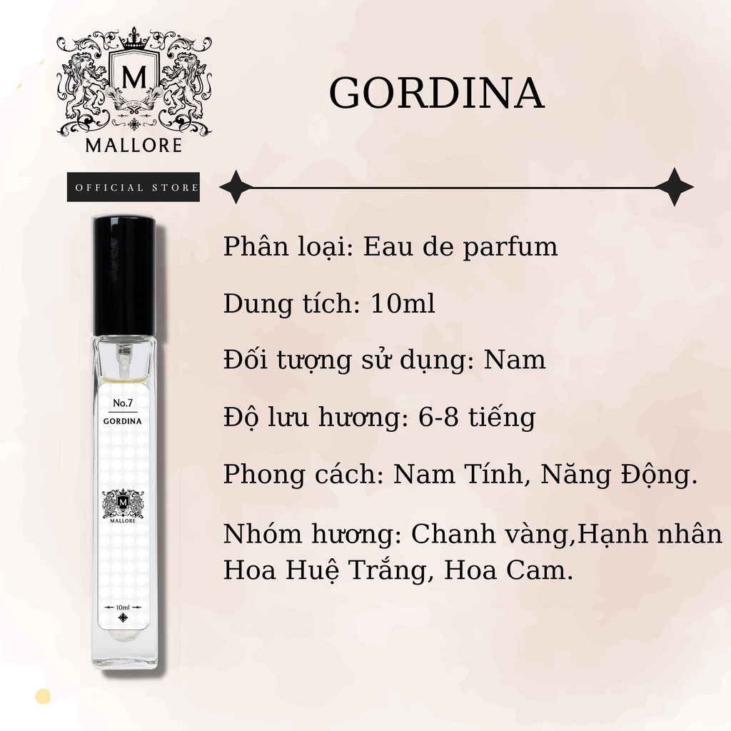 Nước hoa nam Mallore Gordina cá tính, sang trọng. Nước hoa mini gợi cảm 3ml dạng xịt tiện lợi