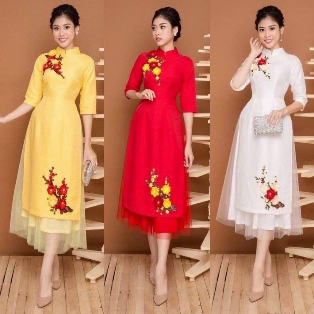 Sét Bộ Đồ Nữ Áo Dài Cổ Tàu Thêu Hoa Tay Lỡ Kèm Váy Lưới Tôn Dáng Cực Xinh Thiết Kế Sang Chảnh Đi Làm Công Sở, Lễ Hội Tết
