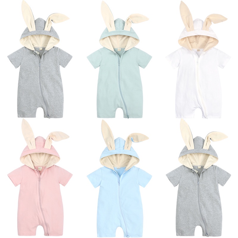 Bộ Áo Liền Quần Bằng Cotton Tay Cộc Có Nón In Họa Tiết Hoạt Hình Dễ Thương Thời Trang Mùa Hè Cho Bé Trai Và Gái 0