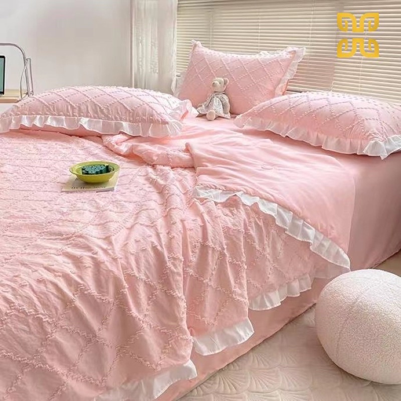 Freeship 🍀 Bộ chăn ga cotton đũi viền bèo đính hoa bi - set chăn chần 4 món - may ga theo yêu cầu - hàng nhập loại 1