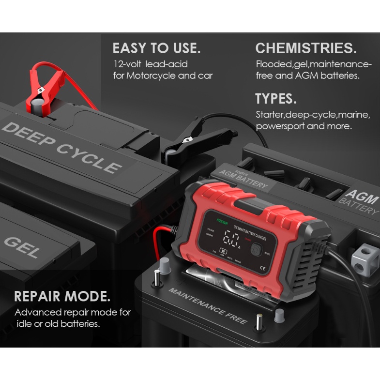 Sạc bình ắc quy sạc ắc quy ô tô xe máy 12V 6A 4AH-120AH FOXSUR màn hình LED mẫu mới tự ngắt khi đầy khử sunfat sac acquy