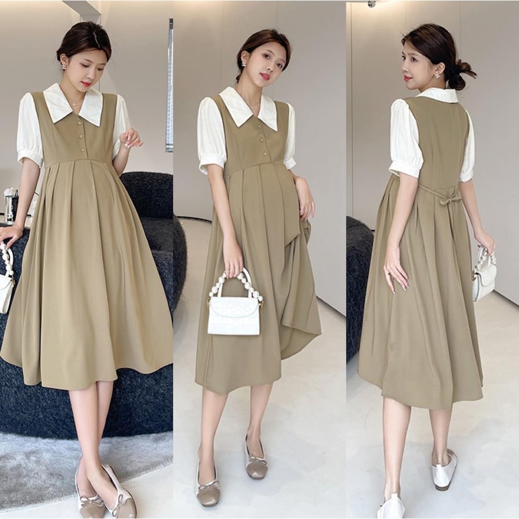Váy bầu công sở phối xổ sơ mi tay trắng phù hợp với đi làm cũng như đi chơi