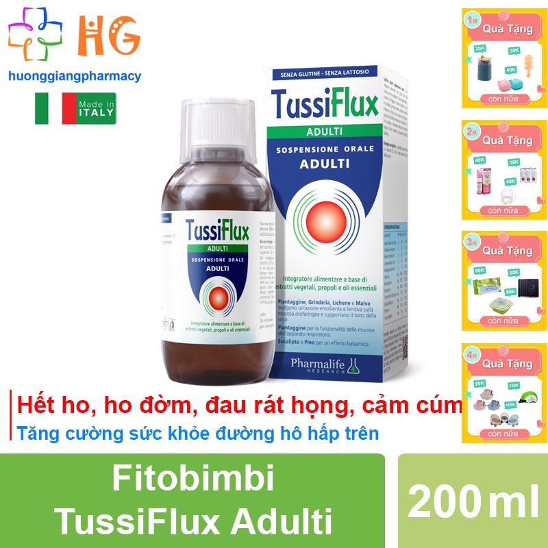 Fitobimbi Tussiflux Adulti giúp giảm các triệu chứng ho ho có đờm làm dịu họng mát họng Chai 200ml