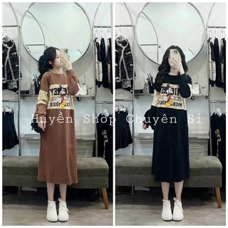 Đầm suông dài tay váy suông dáng dài form rộng có size tới 70kg váy thu đông micky pha tay cổ tròn