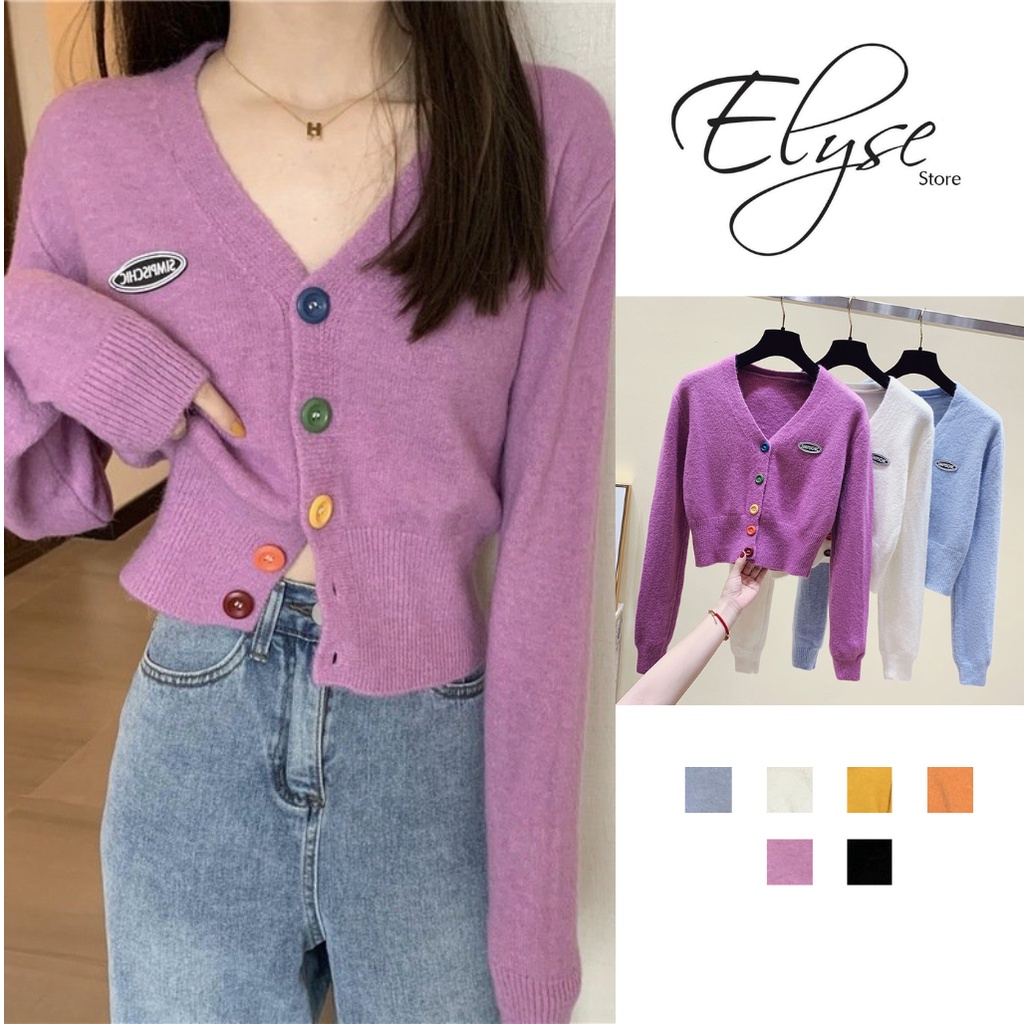 Áo Khoác Cardigan Len Dệt Kim Cổ Tim Dài Tay Cúc Màu Kiểu Hàn Quốc