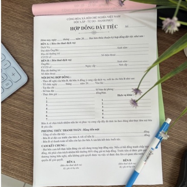 Hợp đồng đặt tiệc khổ A4 20x30cm  50 bộ
