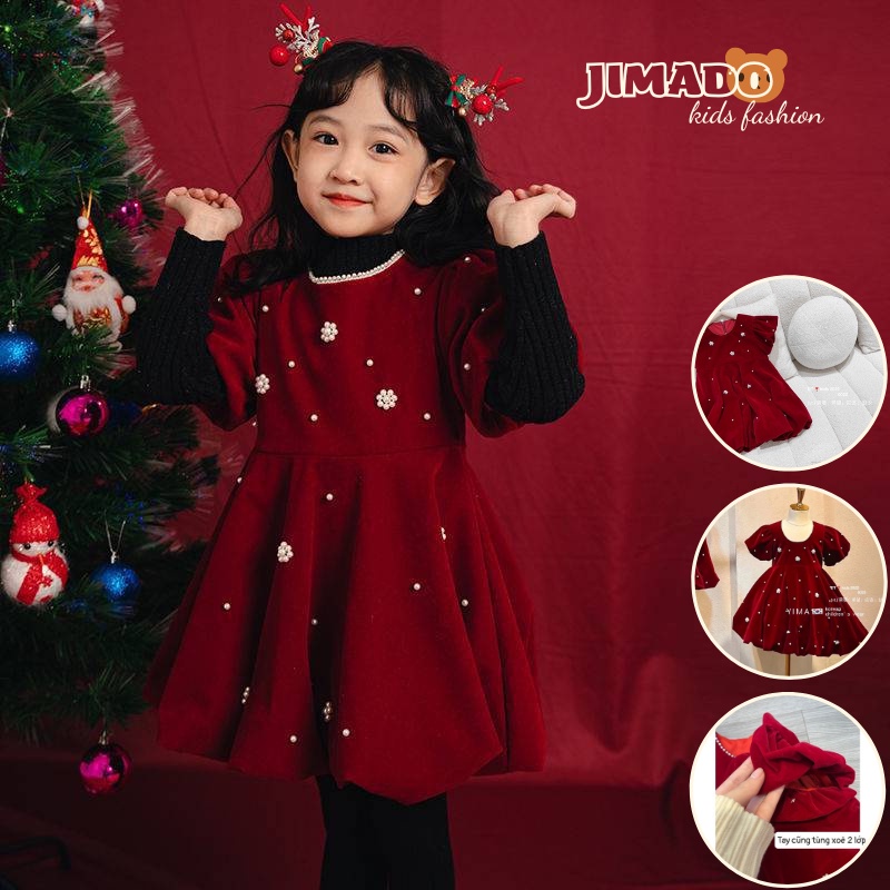 Váy đầm nhung đỏ công chúa tay bồng đính ngọc siêu xinh cho bé diện Noel và Tết cho bé JIMADO