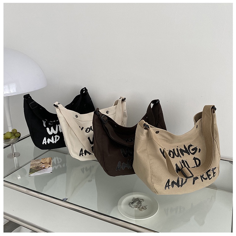 Túi tote vải canvas đeo chéo đựng đồ thời trang cho học sinh sinh viên trơn và in hình phong cách Hàn Quốc