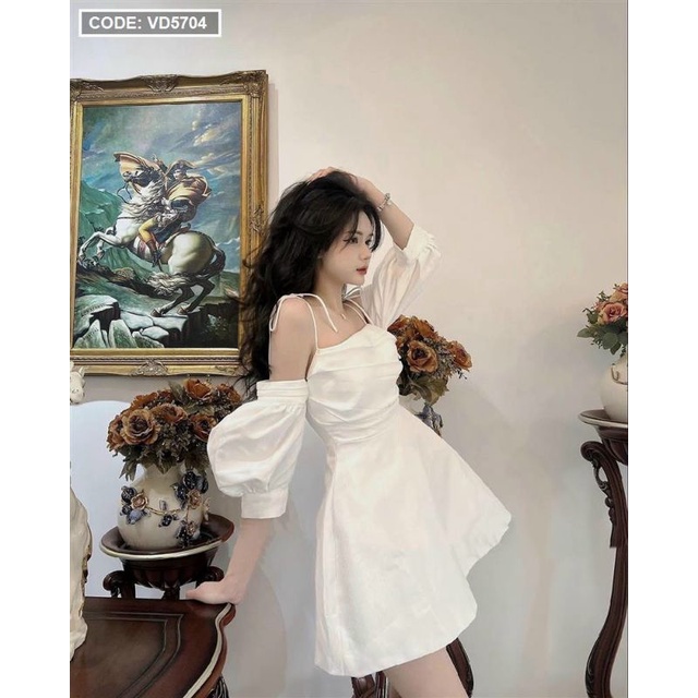 Đầm midi tay phồng bo chun