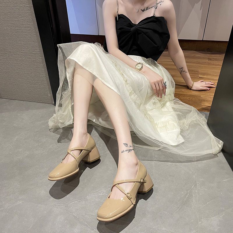 IELGY Mary Jane Giày Cao Gót Mũi Vuông Dày Quai Chéo Bằng Da Bóng Cá Tính Dễ Phối Đồ Cho Nữ