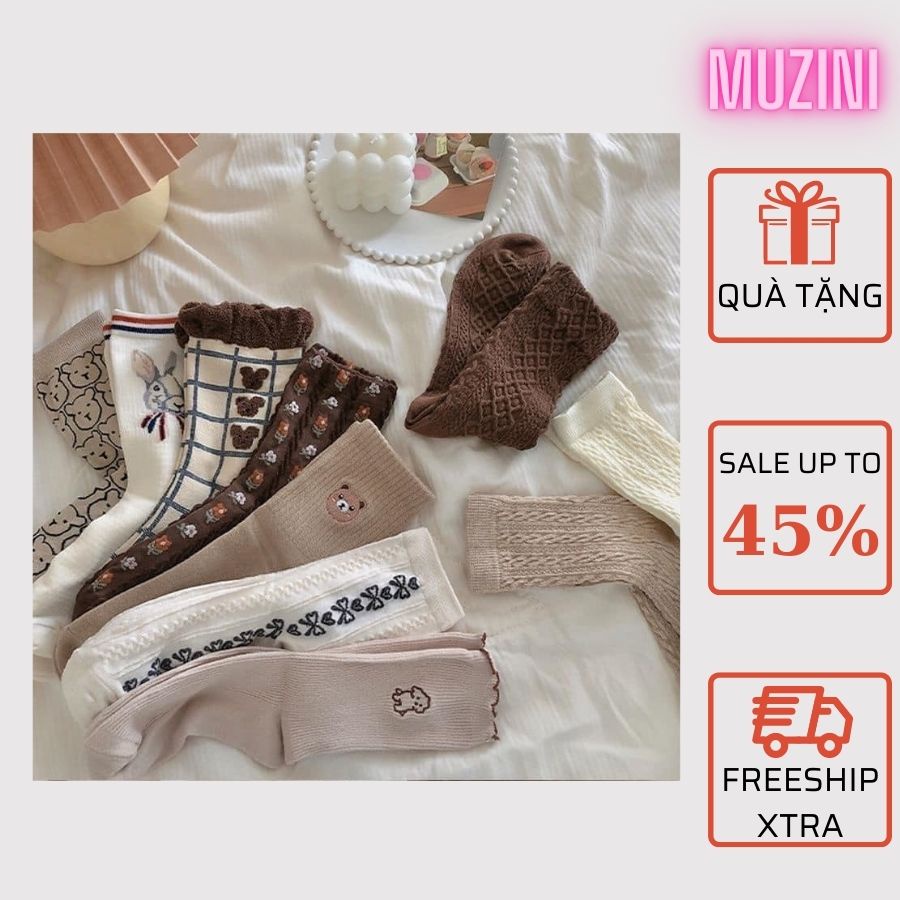 Set 9 Tất nữ Muzini vớ cổ cao tone nâu tây phong cách vintage đáng yêu nhiều mẫu TN61