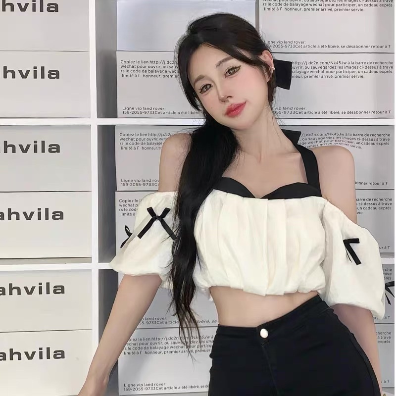 Áo Croptop Tay Bồng Thắt Nơ Cổ Đính Nơ Nhí Xinh Xắn