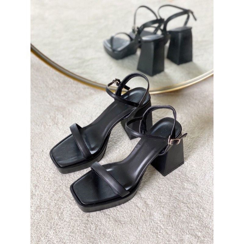 Sandal quai ngang mảnh đế đúp kiểu gót vuông