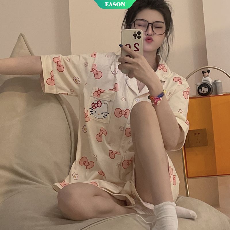 SANRIO Bộ Đồ Ngủ Ngắn Tay In Hoạt Hình Hello Kitty Kiểu Nhật Hàn Thời Trang Mùa Hè 2022