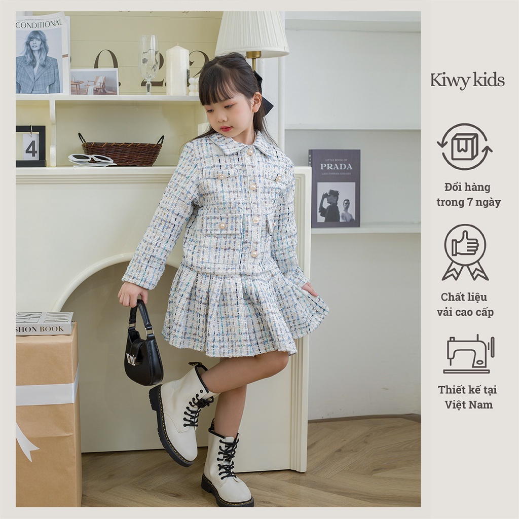 Set dạ tweed bé gái Kiwy Kids áo khoác cổ vest và chân váy xếp ly sành điệu Kids2207 cho bé 6 đến 11 tuổi