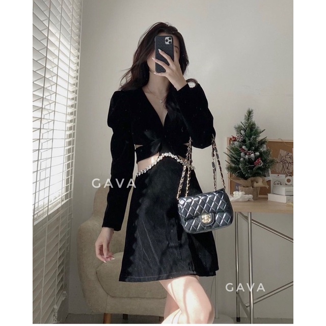 Váy nhung cut out đính đá dáng xoè GAVA