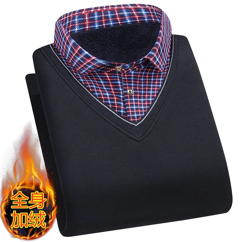 Áo Sweater Giả Hai Lớp Lót Lông Cừu Dày Dặn Phong Cách Mới Mùa Đông Cho Nam Trung Niên