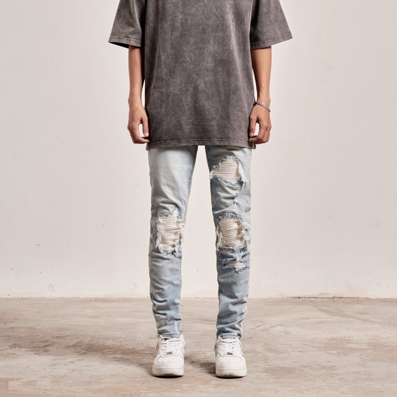 Quần jean nam biker cao cấp màu xanh sáng KQ41 , form slimfit ôm vừa, chất jean co giãn thoải mái.