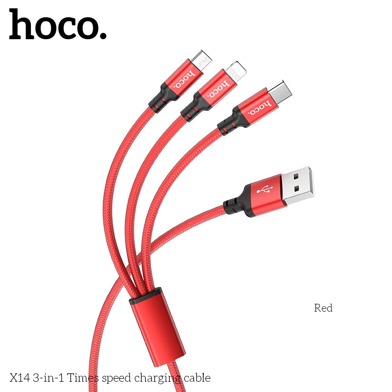 [Bh 12Th]Cáp Sạc Nhanh Siêu Bền 3 Đầu Chính Hãng Hoco X14 2.4A Dây Dài 1M Type C/Micro USB/Cho Ip6 7 8 Plus Xs Max